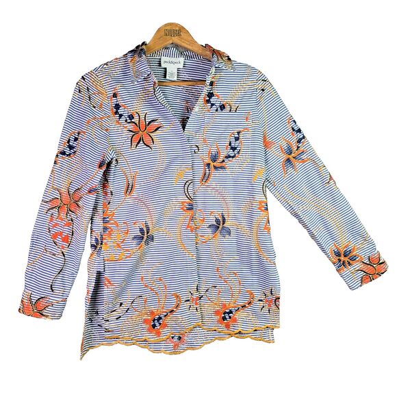 Peck & Peck Embroidered Striped Floral Shirt Small Cotton Boho Scallop Hem Blue - Picture 1 of 16
